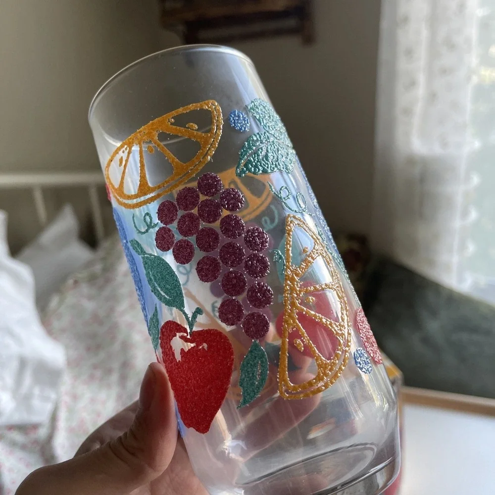 4 Vtg Libbey‎ Fanciful Fruit Drinking Glasses 17oz USA  Texture Summer Berry 80s